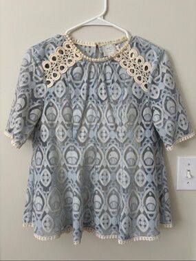 HD in Paris Light Blue Lace Blouse with Cream Crochet Trim